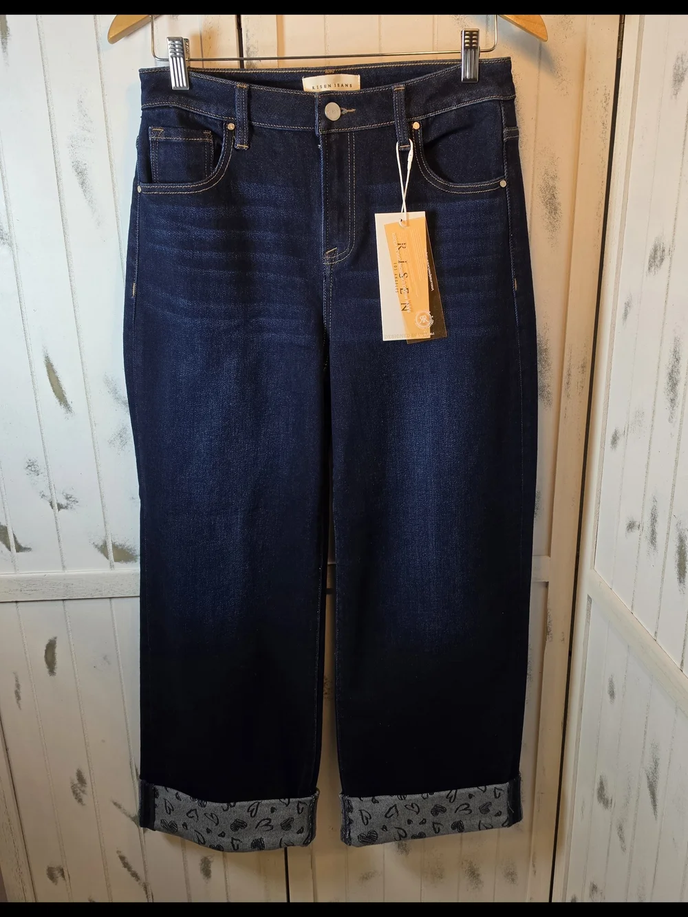 Risen Crop Wide Leg Dark Blue Jeans with Cuffed Heart-Print Hem